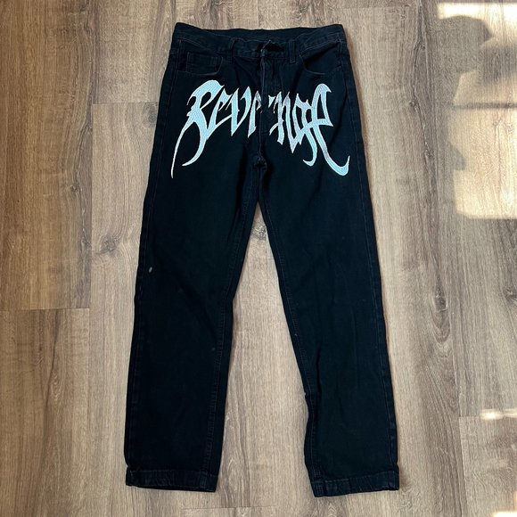 Revenge Jeans Black with White Embroidered Streetwear Sz M - Picture 1 of 12
